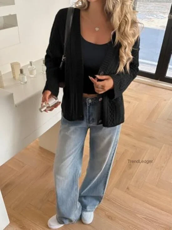 Oversized Cable Knit Cardigan Sweater Coat Long Sleeve Button Front - Picture 5 of 6